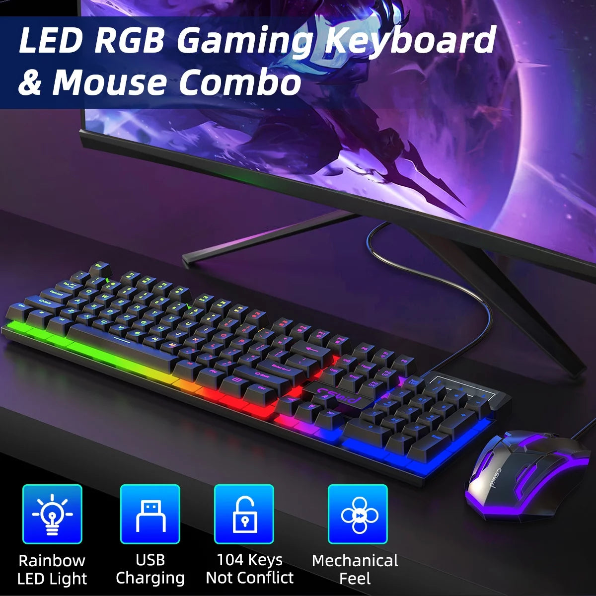 Gaming Keyboard and Mouse Combo, RGB LED Backlit Wired Computer Keyboard, Rainbow Light up USB Keyboard with 26 Anti-Ghosting Keys for PC Gamer, Laptop, Office, Black